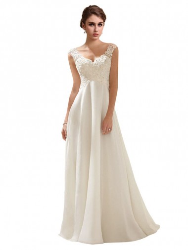 V-Neck Sweep Train Soft Chiffon & Lace Ivory Sleeveless Wedding Dress Victoria