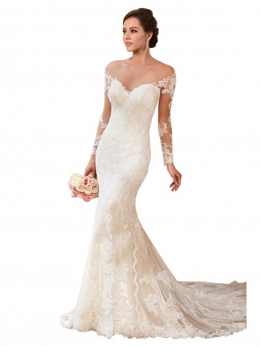Sweetheart Chapel Train Lace Ivory Long Sleeves Wedding Gowns Victoria