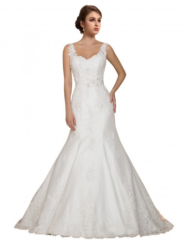 V-Neck Chapel Train Lace Ivory Cap Sleeves Wedding Dress Victoria