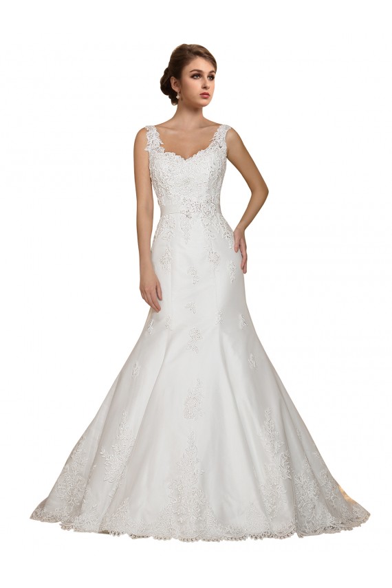 V-Neck Chapel Train Lace Ivory Cap Sleeves Wedding Dress Victoria