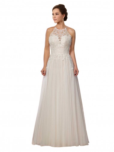Illusion Neck Sweep Train Tulle Ivory Sleeveless Wedding Dress Victoria