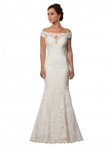 Off the Shoulder Chapel Train Lace Ivory Cap Sleeves Boho Wedding Dress Victoria