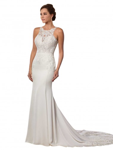 High Neck Chapel Train Lace Ivory Sheath Sleeveless Modern Wedding Dress Victoria
