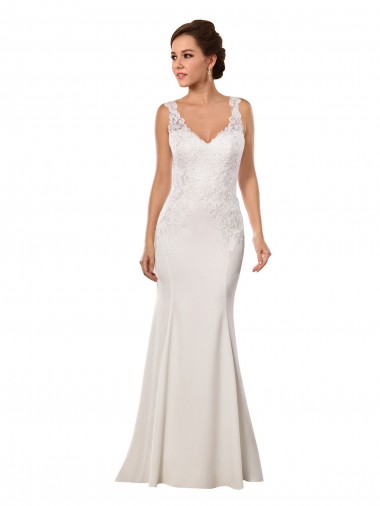 V-Neck Chapel Train Lace & Stretch Crepe Ivory Sleeveless Sexy Wedding Dress Victoria
