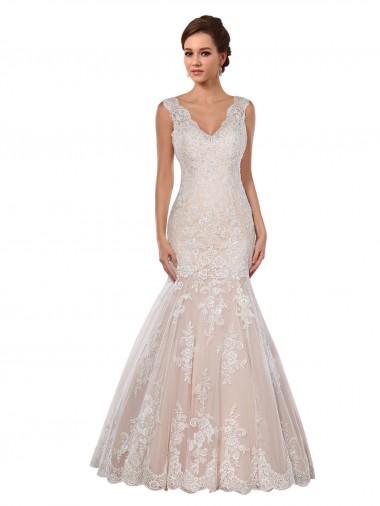 V-Neck Chapel Train Lace Ivory & Champagne Sleeveless Modern Wedding Dress Victoria