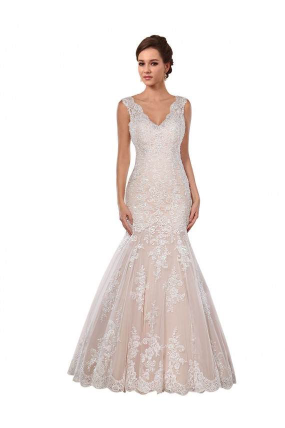 V-Neck Chapel Train Lace Ivory & Champagne Sleeveless Modern Wedding Dress Victoria