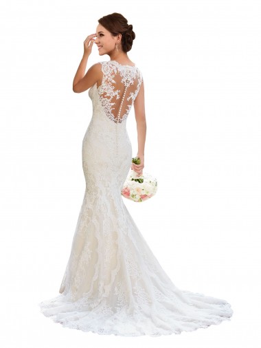 V-Neck Chapel Train Lace White Sleeveless Wedding Dress Victoria