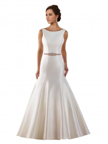 Bateau Neck Chapel Train Satin Ivory Sleeveless Modern Wedding Dress Victoria