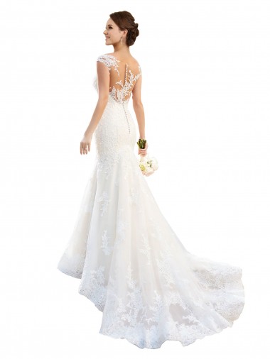 Illusion Neck Chapel Train Lace White Cap Sleeves Wedding Dress Victoria
