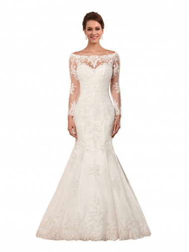 Bateau Neck Chapel Train Lace Ivory Long Sleeves Sexy Wedding Dress Victoria