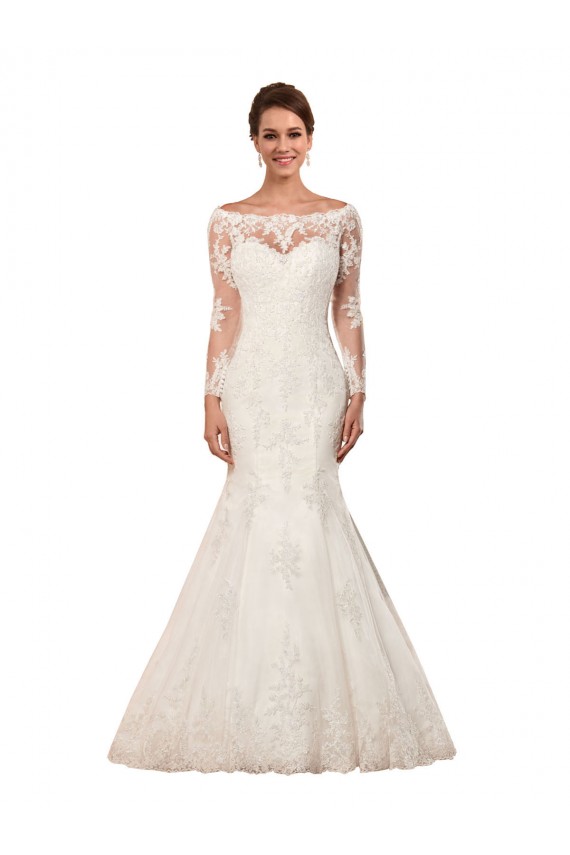 Bateau Neck Chapel Train Lace Ivory Long Sleeves Sexy Wedding Dress Victoria