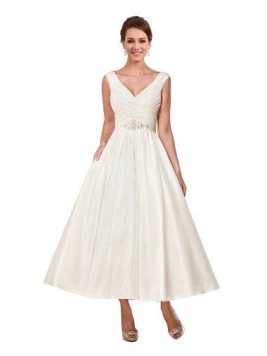 V-Neck Ankle Length Satin Ivory Sleeveless Wedding Dress Victoria