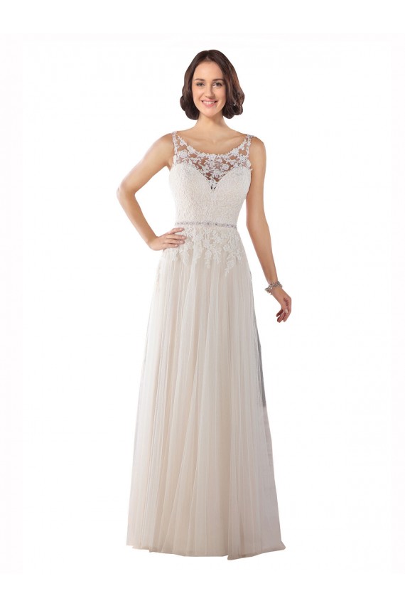 Illusion Neck Sweep Train Tulle Ivory & Champagne Sleeveless Boho Wedding Dress Victoria