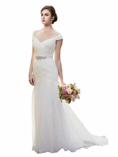 Off the Shoulder Chapel Train Tulle Ivory Sleeveless Beach Wedding Dress Victoria