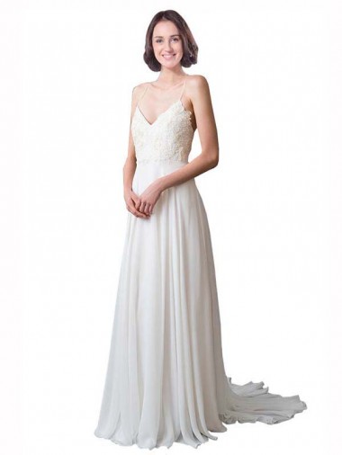 V-Neck Chapel Train Soft Chiffon & Lace Ivory Sleeveless Beach Wedding Dress Victoria
