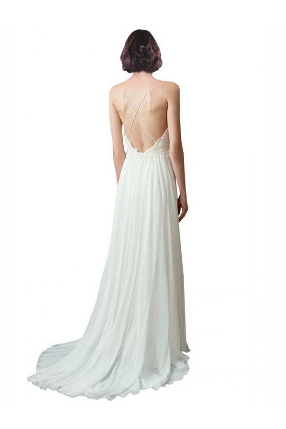 V-Neck Chapel Train Soft Chiffon & Lace Ivory Sleeveless Beach Wedding Dress Victoria