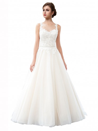 Illusion Neck Cathedral Train Tulle & Lace Ivory Sleeveless Beach Wedding Dress Victoria