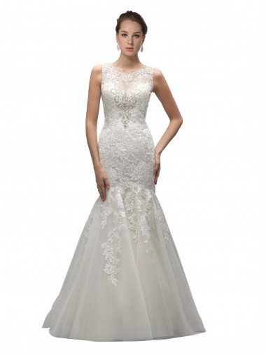 Illusion Neck Sweep Train Tulle & Lace Ivory Sleeveless Wedding Dress Victoria