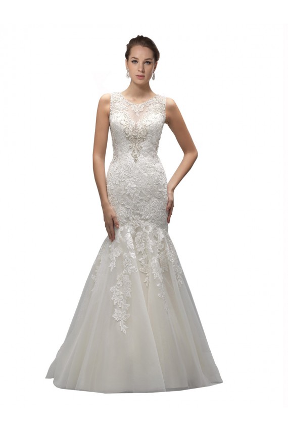 Illusion Neck Sweep Train Tulle & Lace Ivory Sleeveless Wedding Dress Victoria