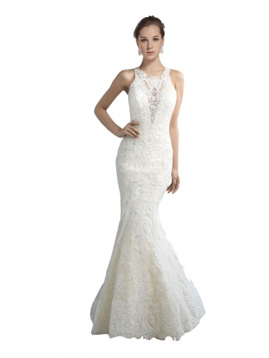 Illusion Neck Chapel Train Tulle Ivory Sleeveless Beach Wedding Dress Victoria