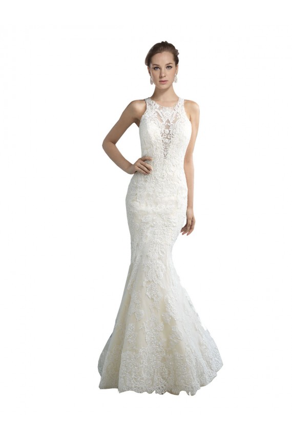 Illusion Neck Chapel Train Tulle Ivory Sleeveless Beach Wedding Dress Victoria