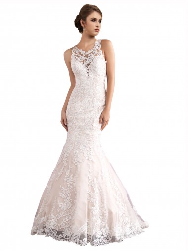 Illusion Neck Cathedral Train Tulle & Lace Ivory & Champagne Sleeveless Wedding Dress Victoria