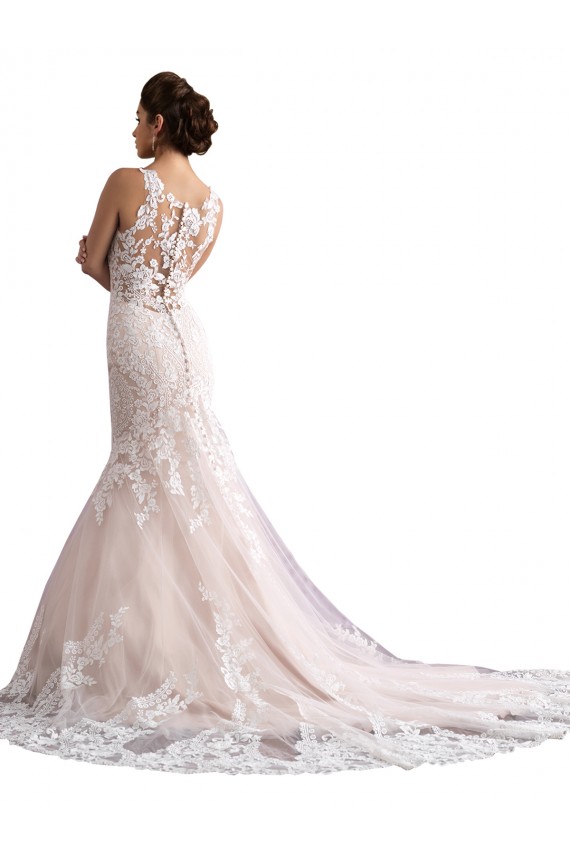 Illusion Neck Cathedral Train Tulle & Lace Ivory & Champagne Sleeveless Wedding Dress Victoria