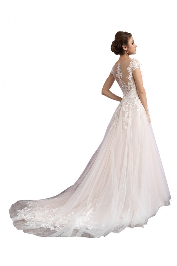 Illusion Neck Cathedral Train Tulle & Lace Ivory & Champagne Cap Sleeves Beach Wedding Dress Victoria