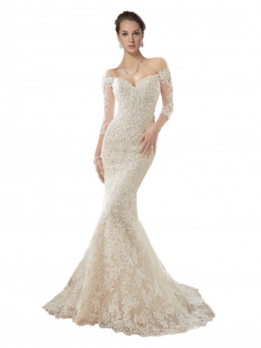 Off the Shoulder Chapel Train Tulle & Lace Ivory & Champagne Long Sleeves Wedding Dress Victoria
