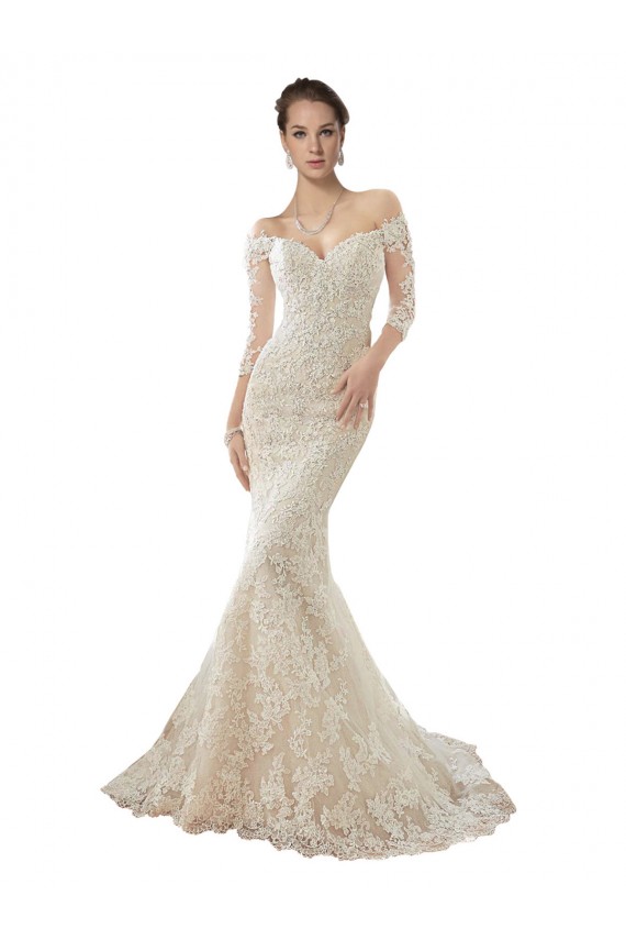 Off the Shoulder Chapel Train Tulle & Lace Ivory & Champagne Long Sleeves Wedding Dress Victoria