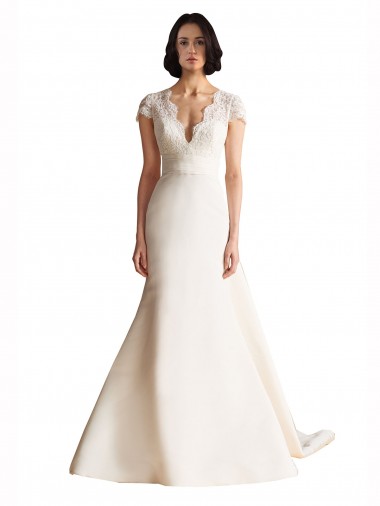 V-Neck Chapel Train Satin Ivory Cap Sleeves Wedding Dress Victoria