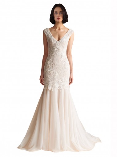 V-Neck Sweep Train Tulle Ivory & Champagne Sleeveless Wedding Dress Victoria