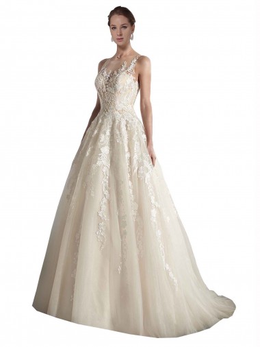 Illusion Neck Chapel Train Tulle Ivory & Champagne Sleeveless Wedding Dress Victoria