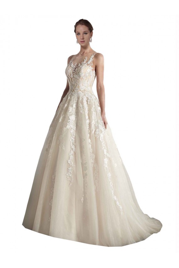 Illusion Neck Chapel Train Tulle Ivory & Champagne Sleeveless Wedding Dress Victoria