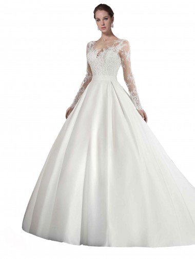 Illusion Neck Cathedral Train Satin & Lace White Long Sleeves Wedding Dress Victoria