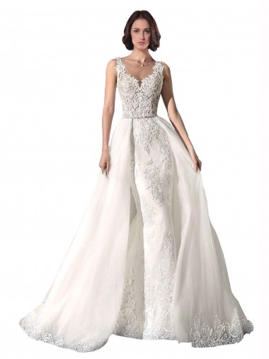 Sweetheart Chapel Train Tulle & Lace White Mermaid Sleeveless Wedding Dress Victoria