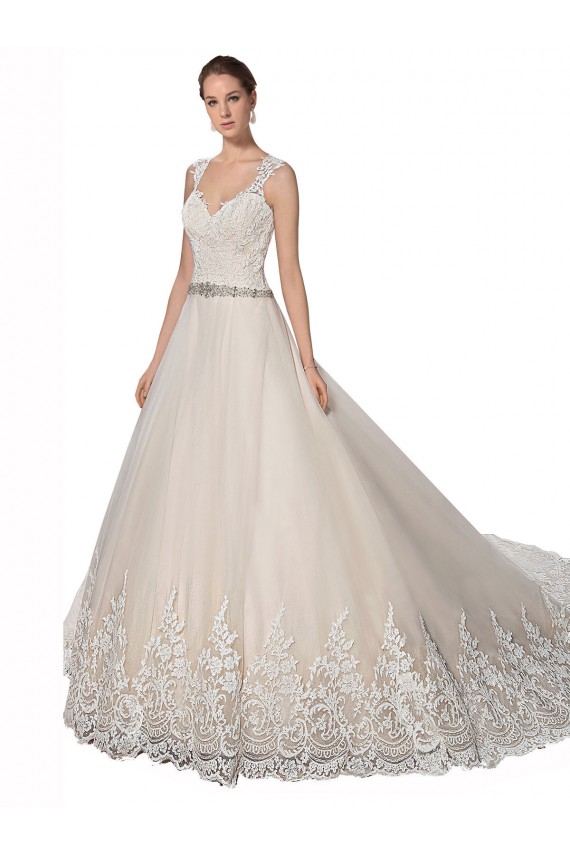 Sweetheart Chapel Train Tulle & Lace Ivory & Champagne A-Line Sleeveless Wedding Dress Victoria