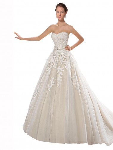 Strapless Chapel Train Tulle & Lace Ivory & Champagne Sleeveless Wedding Dress Victoria