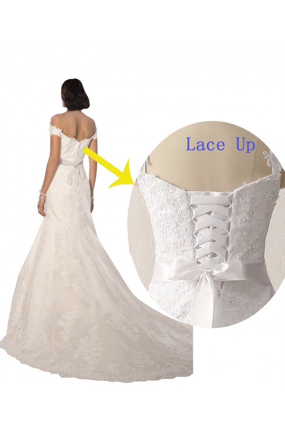 Off the Shoulder Chapel Train Lace White Sleeveless Beach Wedding Dress Victoria