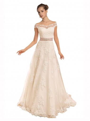 Off the Shoulder Chapel Train Lace Ivory A-Line Sleeveless Beach Wedding Dress Victoria