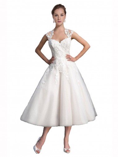 Sweetheart Tea Length Tulle & Lace Ivory Sleeveless Beach Wedding Dress Victoria