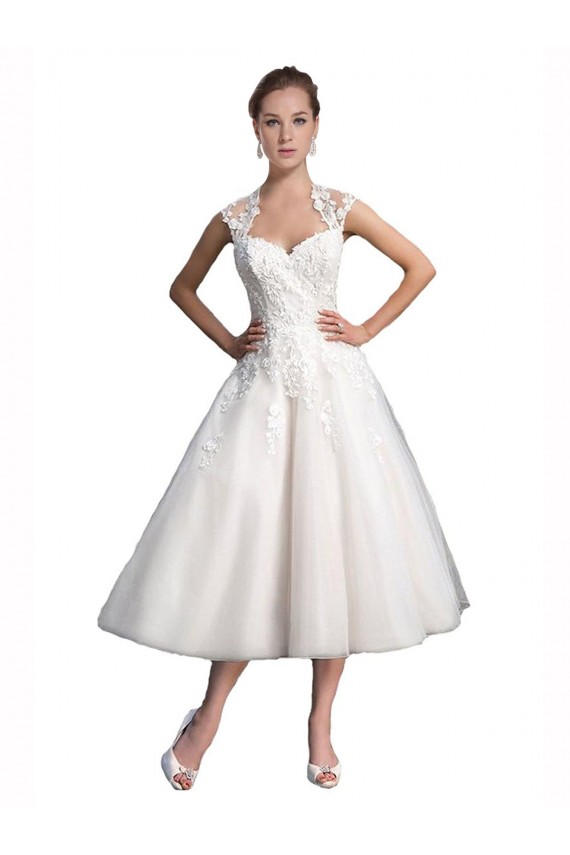 Sweetheart Tea Length Tulle & Lace Ivory Sleeveless Beach Wedding Dress Victoria