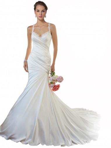 Sweetheart Chapel Train Satin Ivory Sleeveless Beach Wedding Gowns Victoria