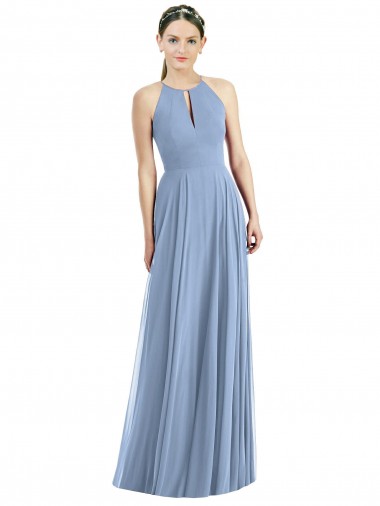 Halter Neck Long Soft Chiffon Dusty Blue Sleeveless Semi Formal Evening Dress / Bridesmaid Dress Victoria