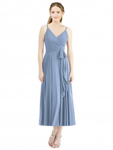 Spaghetti Straps Tea Length Soft Chiffon Dusty Blue Sleeveless Bridesmaid Dress Victoria