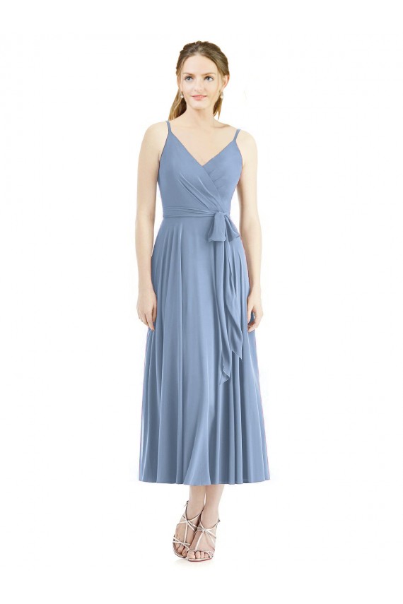 Spaghetti Straps Tea Length Soft Chiffon Dusty Blue Sleeveless Bridesmaid Dress Victoria