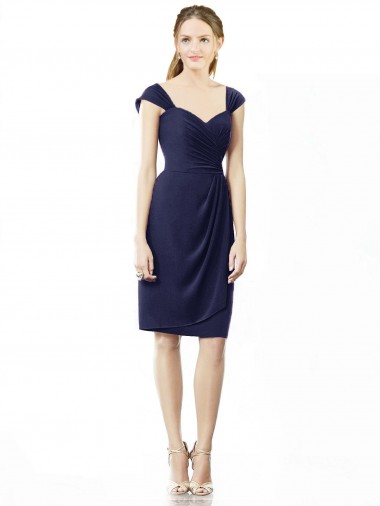 Sweetheart Knee Length Soft Chiffon Dark Navy Cap Sleeves Bridesmaid Dress Victoria