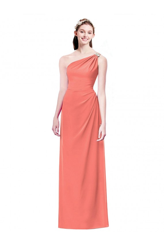 One Shoulder Long Soft Chiffon Coral Sleeveless Bridesmaid Dress Victoria