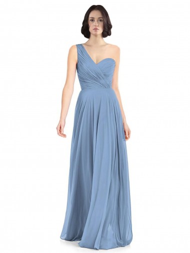 One Shoulder Long Soft Chiffon Dusty Blue Sleeveless Formal Dress / Bridesmaid Dress Victoria