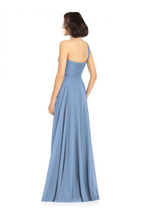 One Shoulder Long Soft Chiffon Dusty Blue Sleeveless Formal Dress / Bridesmaid Dress Victoria